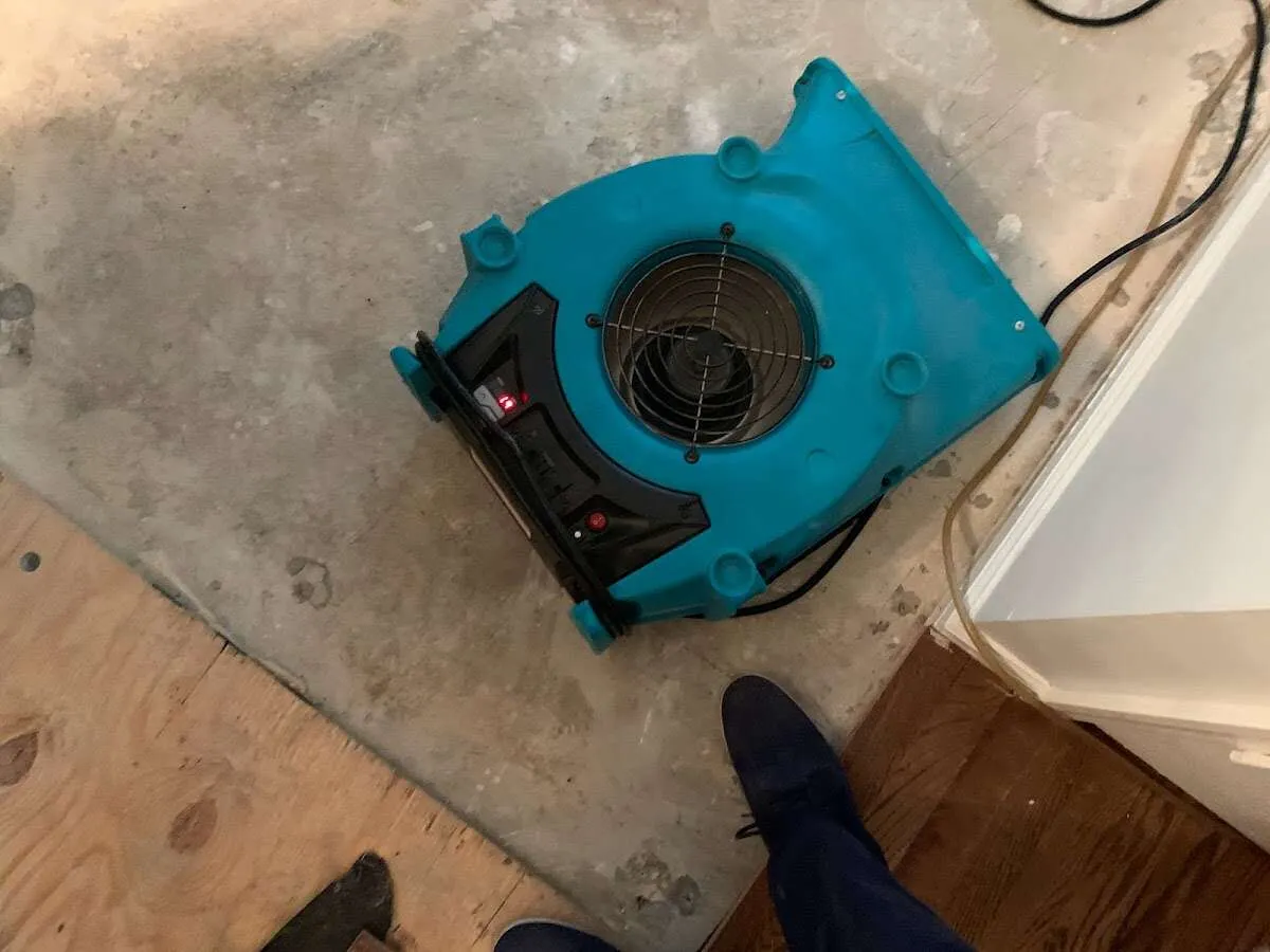 Air mover drying subfloor during Commercial Water Damage Restoration in Dahlonega
